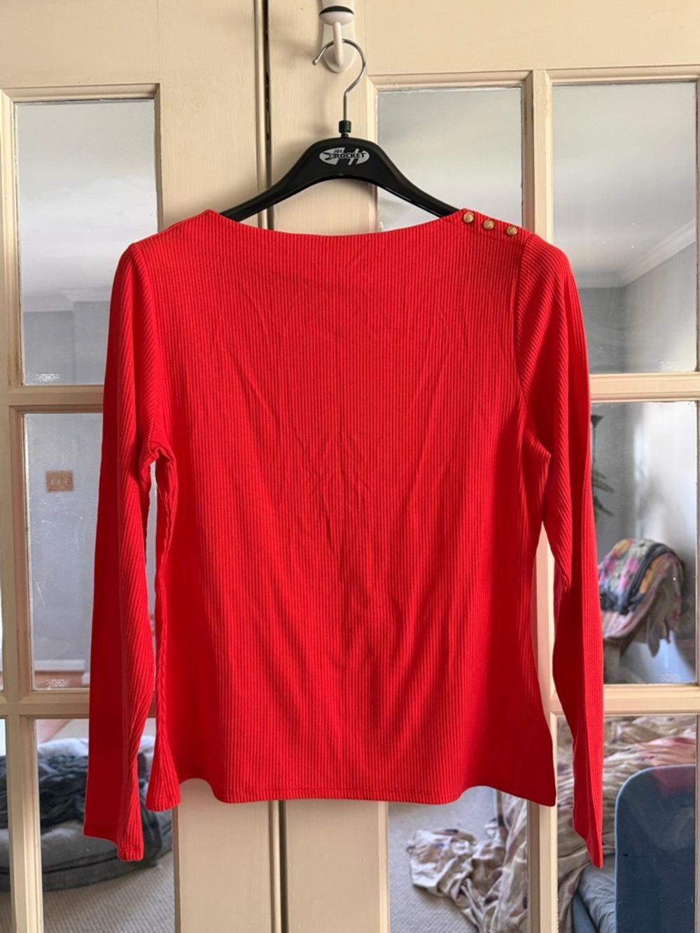 Women’s Red Ribbed Long-Sleeve Top with Shoulder Button Detail NWT